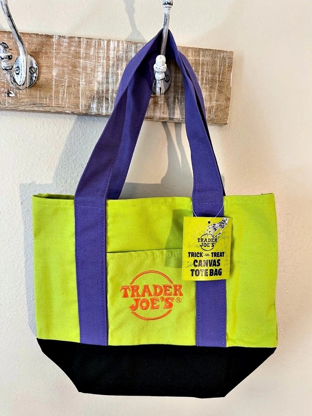 Trader Joe's Trick-or-Treat Mini Canvas Tote Bag Green & Purple